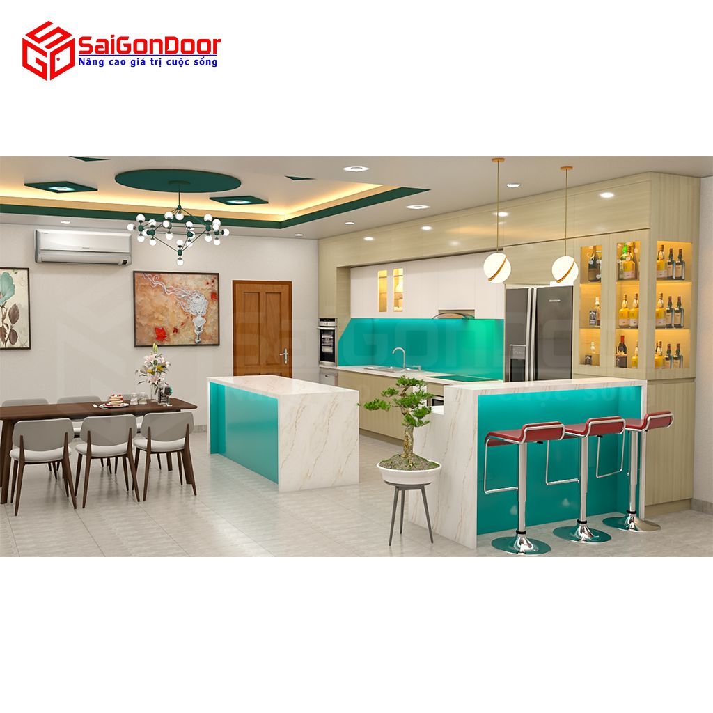 គ្រឿងសង្ហារឹមផ្ទះបាយ kiểu châu Âu có bar mini